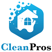 Blue house with bubbles logo above text "CleanPros" in black and blue.