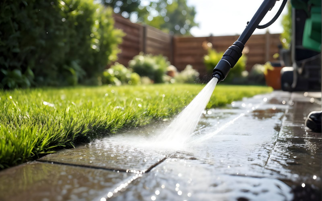 A person uses a pressure washer to clean a wet patio beside a green lawn in a sunny backyard.