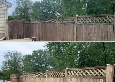 Two photos show a backyard with a wooden fence; the top photo has a closed gate, the bottom photo has it open.