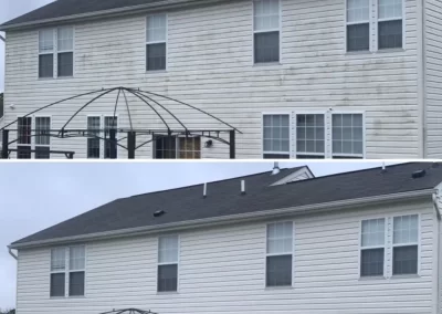 Two photos of a house, the top shows dirty siding and the bottom shows the siding cleaned and bright.