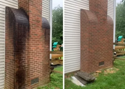Side-by-side photos of a brick chimney: one stained and dirty, the other clean after washing.