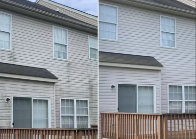Side-by-side view of a house exterior before and after cleaning, showing dirty and clean siding.