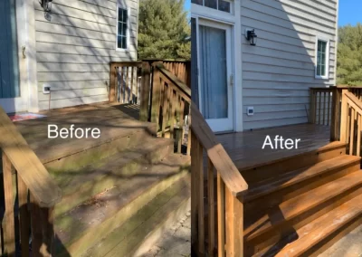 Side-by-side photos of a wooden porch before and after cleaning, showing a cleaner, brighter appearance.
