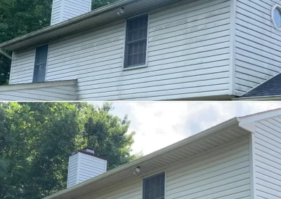 House siding before and after cleaning, showing dirty siding above and clean, white siding below.
