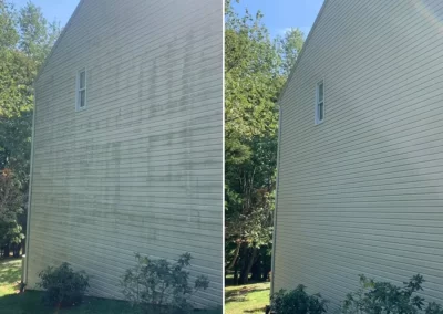 Side-by-side of a house before and after cleaning; left is dirty, right is clean with bright siding.