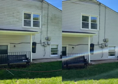 Side-by-side of a house: left shows dirty siding, right shows the same siding clean after washing.