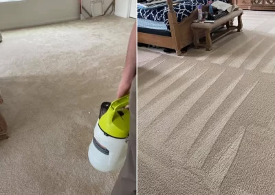 Side-by-side of carpet before and after cleaning; left is dull, right is freshly cleaned with visible lines.