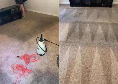 Before-and-after of carpet cleaning: left side dirty carpet, right side clean carpet with vacuum lines.