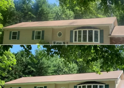 Two photos of a beige house with green shutters, showing a clean roof under leafy trees and a sunny sky.