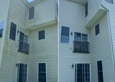 Side-by-side of a house before and after cleaning; left shows dirt and stains, right is clean and bright.