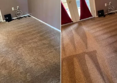 Left: plain carpet; right: same carpet with neat, patterned vacuum lines in a sunlit room.