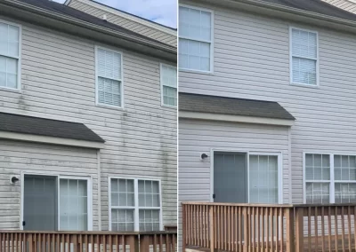Side-by-side of a house exterior before and after cleaning; left side dirty, right side clean and bright.