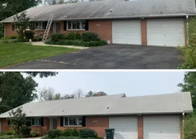 Top: House roof with a ladder and dirt stains. Bottom: Same roof, now clean with no ladder or stains.