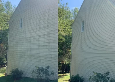Side-by-side of a house: left side dirty siding, right side clean siding after washing, with trees in background.