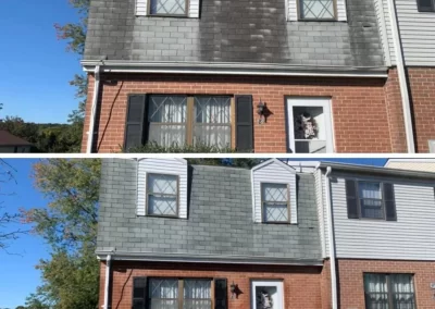 Two side-by-side images show a house roof before cleaning (dirty) and after cleaning (clean and bright).