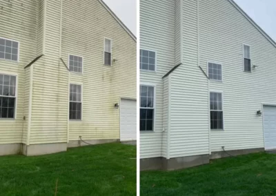 Side-by-side of a house exterior before and after cleaning, showing dirty and then clean siding.