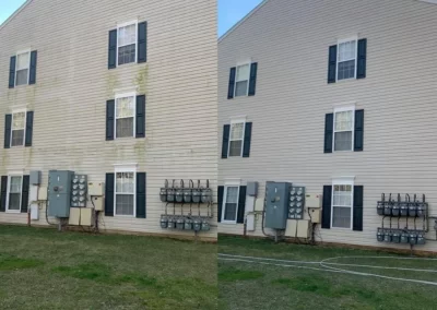 Side-by-side view of a dirty house exterior before cleaning and the same house after being cleaned.