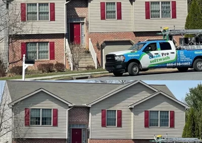 Two photos of a house before and after cleaning, with a Clean Pro Soft Wash truck parked in front.