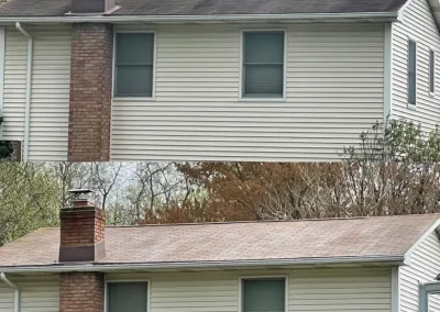 Side-by-side of a house roof before (dirty) and after (clean) roof cleaning.