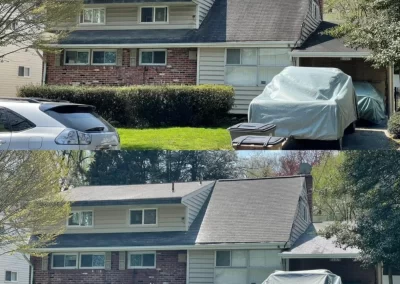 Two images of the same house, with and without a car parked in front of it, taken during daylight.