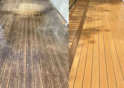 Side-by-side comparison of a wooden deck before and after cleaning, showing dramatic improvement.