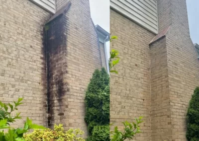 Split image showing a brick chimney before and after cleaning, with dark stains removed in the after photo.