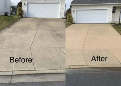 Side-by-side of a driveway before and after cleaning; left is dirty, right is clean.
