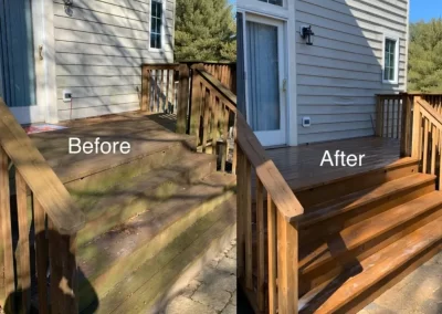 Side-by-side of wooden porch steps before (dirty) and after (cleaned and restored), labeled "Before" and "After.