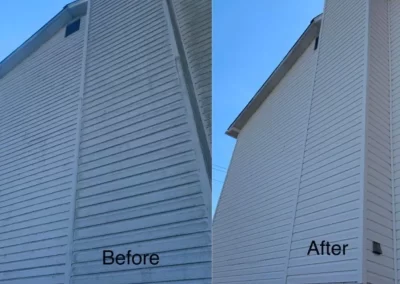 Side-by-side view of a house exterior before and after cleaning, showing dirty and clean siding.