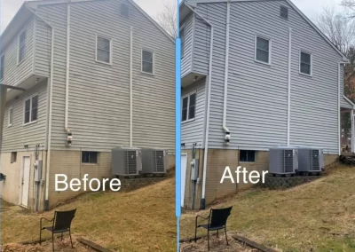 Side-by-side comparison of a house before and after exterior cleaning, with "Before" and "After" labels.