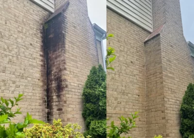 Before and after: Chimney with dark stains cleaned to reveal clean, light brick exterior above bushes.