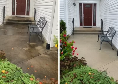 Side-by-side of a house entrance before and after power washing, showing a cleaner sidewalk and steps.
