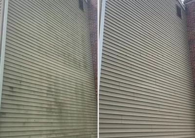 Side-by-side view of a house’s siding, before dirty and stained, after cleaned and looking fresh.
