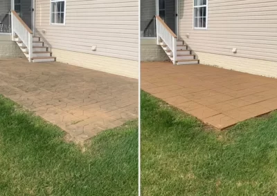 Side-by-side of a backyard patio before and after cleaning, showing a cleaner, brighter surface on the right.