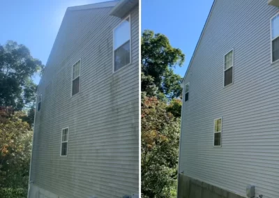 Side-by-side view of a house: the left side is dirty, the right side is freshly cleaned.