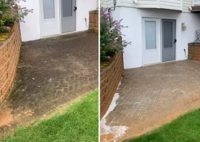 Side-by-side of a patio before and after cleaning; dirty left side, clean and brighter right side.