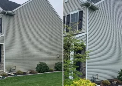 Side-by-side of a house before and after cleaning; siding appears much brighter and cleaner in the after image.