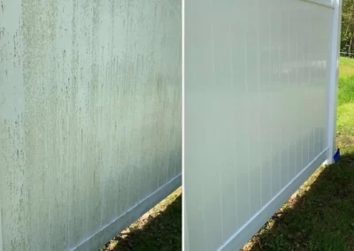 Side-by-side of a dirty fence before cleaning and a spotless, white fence after cleaning.