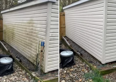 Side-by-side of a shed before and after cleaning; left is dirty, right is clean and white.