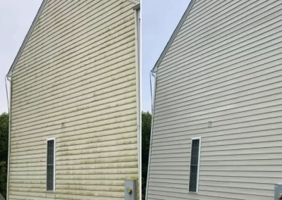 Side-by-side of a house with dirty siding on the left and clean siding on the right.