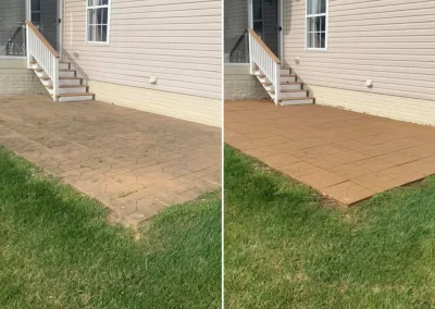 Side-by-side of a backyard patio before and after cleaning, showing brighter, cleaner paving stones.