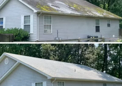 Top: Roof covered in moss and dirt. Bottom: Same roof, now clean and free of moss and debris.