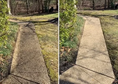 Side-by-side of a garden path before and after cleaning, showing a dark and then bright walkway.
