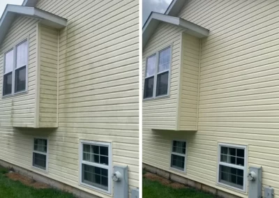Side-by-side comparison of a house exterior before and after cleaning, showing dirty and clean yellow siding.
