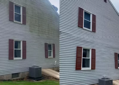 Side-by-side of a house before and after washing, with the siding cleaner in the right image.