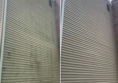 Side-by-side of dirty house siding on the left and clean siding on the right after washing.
