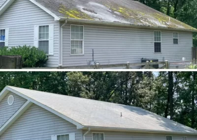 A house roof before and after cleaning, showing mossy stains removed for a clean, restored look.