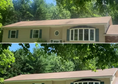 Two photos of a beige house with green shutters, showing a roof before and after being cleaned.
