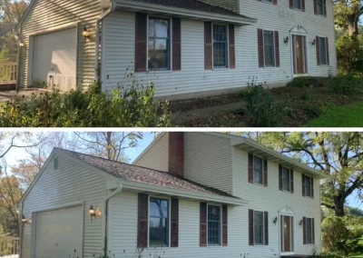 Two-panel image: the top shows a house with stained siding; the bottom shows the same house with clean siding.