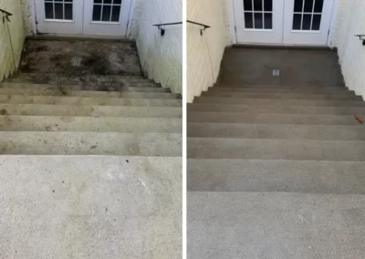 Before-and-after comparison of concrete steps, showing them dirty on the left and clean on the right.